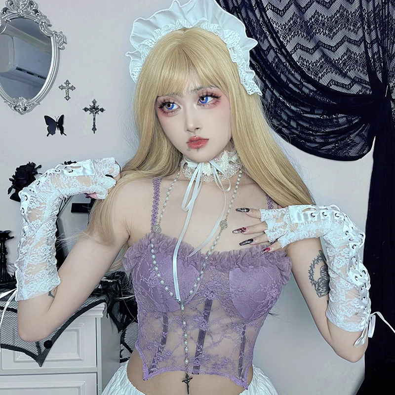 

Goth Fashion Women Tank Top Lace Patchwork Non-sleeve Pullover Gothic Style Sexy Ladies Suspender Tank Tops For Summer