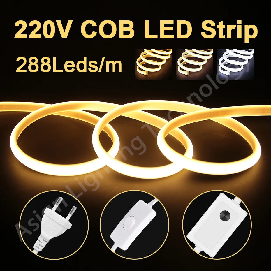 COB LED Light Strip 220V 288LEDs/m Waterpoof Flexible LED Ribbon With Switch/Dimmable Power EU Plug for Kitchen Bedroom Decor rgb led strip lights 2835 flexible ribbon led light strips dc12v 5m 10m with remote control for living room bed room kitchen