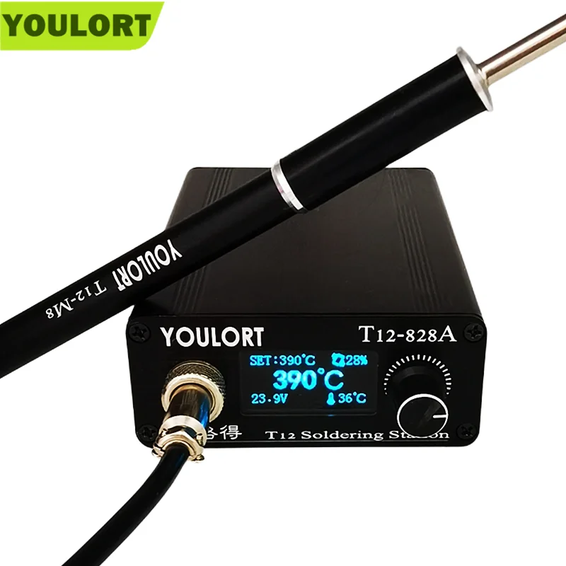 YOULORT T12 Soldering Digital Station Electronic Soldering iron OLED 1.3inch with Black M8 handle and T12 soldering iron tips