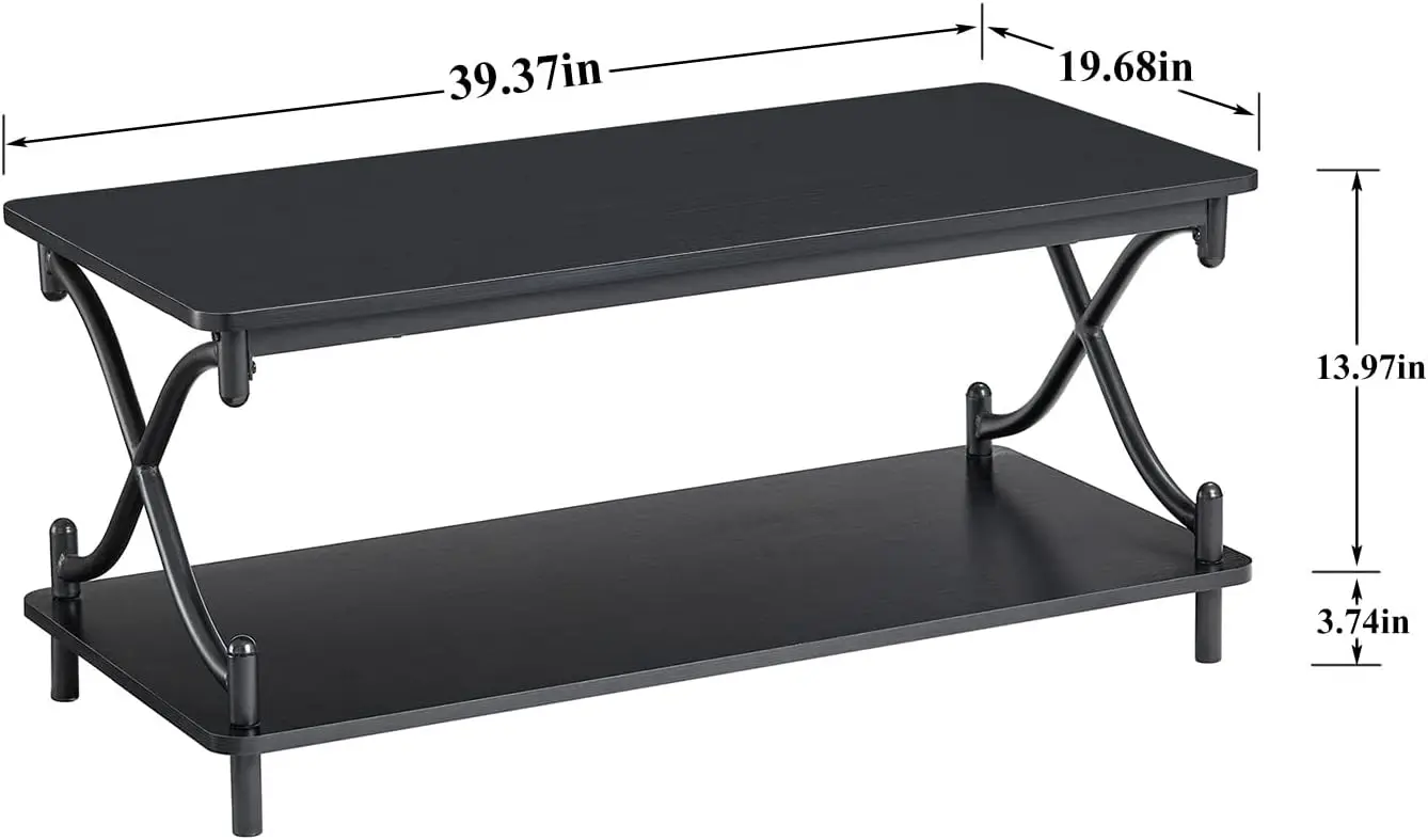 Coffee Table with Storage and Open Shelves for Living Dining Room, Modern Rectangle & Industrial Design, X-Shape Frame 3