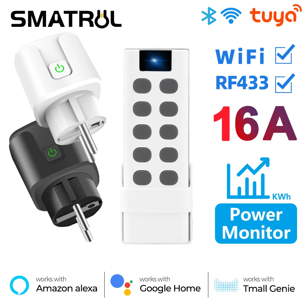 Tuya WiFi RF433 EU Smart Socket Plug Outlet 16A Adapter Power Monitor Wireless Remote Control Voice  Timer for Google Home Alexa