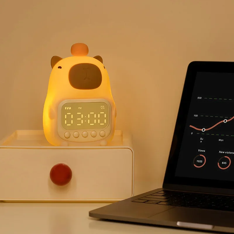 Capybara Led Night Light Silicone Rechargeable Digital Alarm Clock Dimmable Table Lamp Timing USB Charge Children Birthday Gift 2
