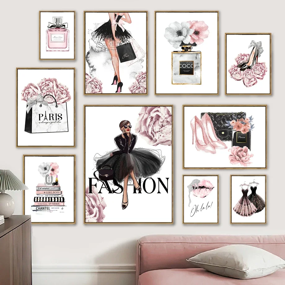 Wandbild 'Parfümflasche Blume' – Goldgraue Botanische Leinwand, 61x45,7 Cm, Deko Für Make-up Zimmer & Wohnzimmer