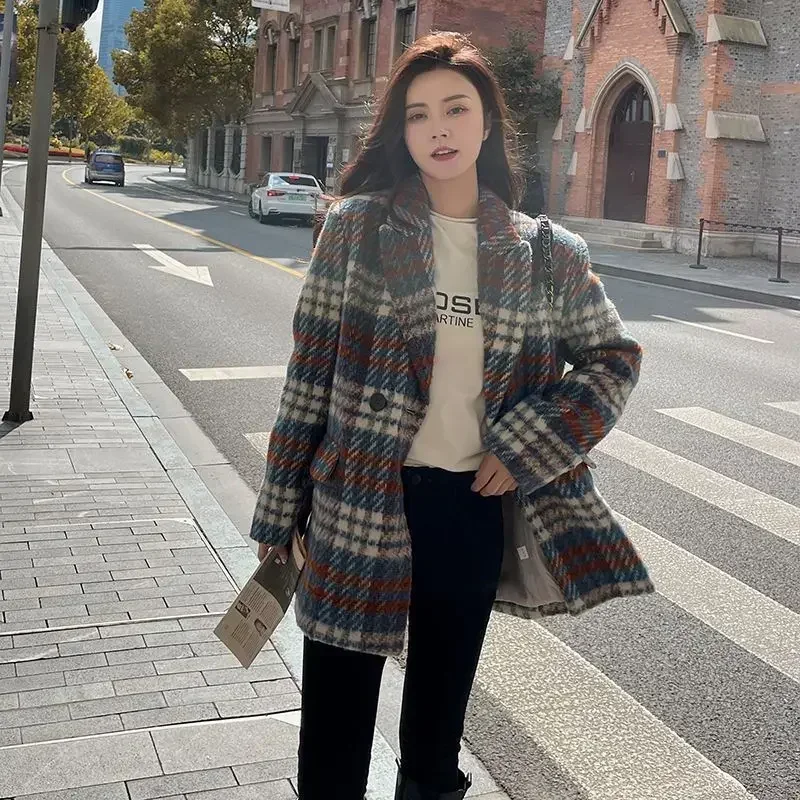 

Wool & Blend Warm Coats for Women Colorblock Plaid Clothes Check Long Jacket Dress Velvet Blazer Woman Tweed Loose Outerwears