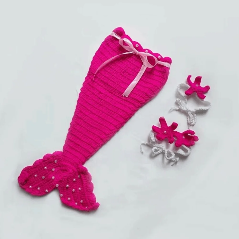3pcs/Set Creative Baby Mermaid Costume Set Handmade Solid Color Baby Photo Props Fishtail Clothing Washable