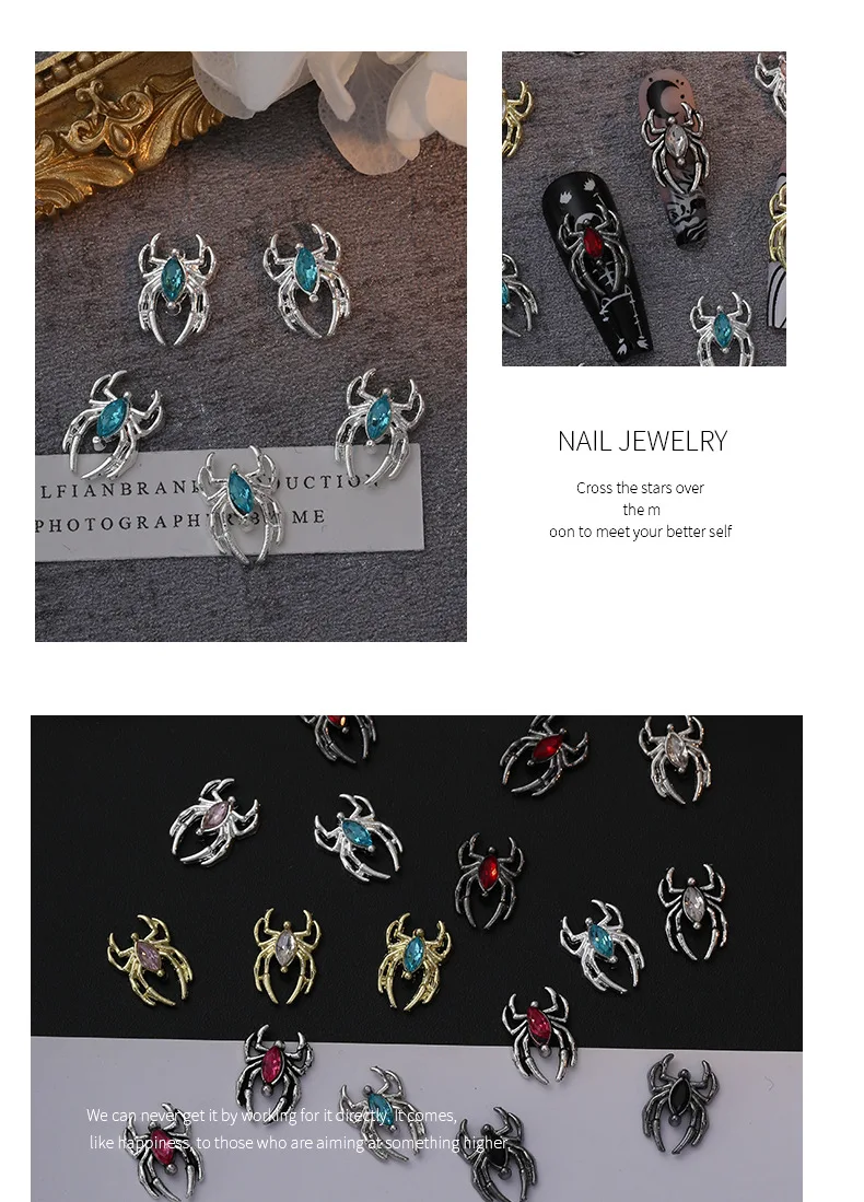 10 piezas de aleación de lujo 3D araña uñas arte encantos gótico punk oro/plata araña uñas joyería pieza para Halloween DIY manicura suministros