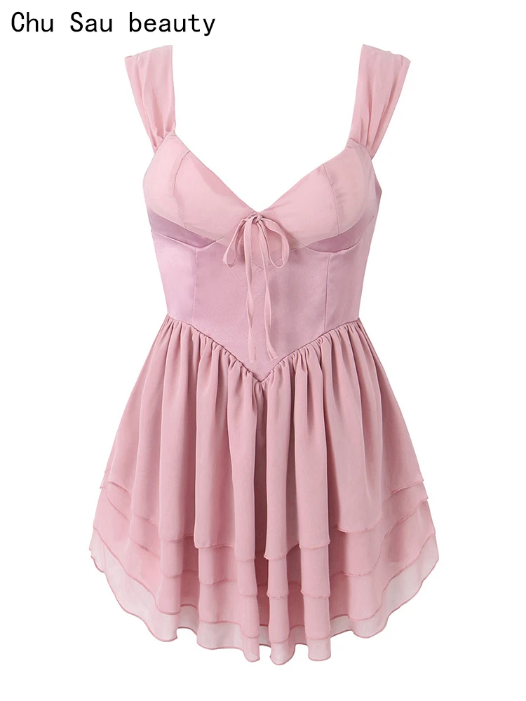 

Chu Sau beauty 2023 Women Fashion Sweet Bow Tie Sleeveless Mini Dress Sexy Slim Backless Chic Tiered Chiffon Super Short Dresses
