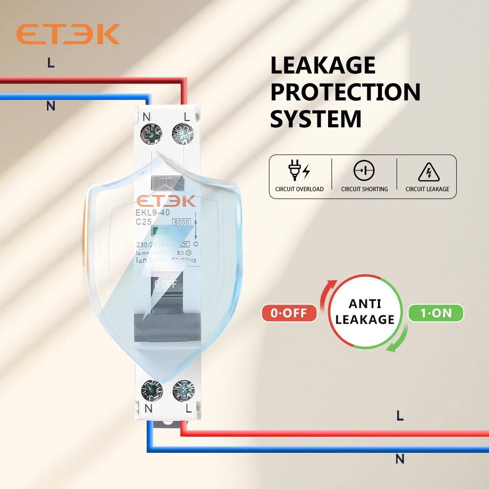 ETEK A Type 2Pole 18mm Residual Automatic circuit breaker DPN Over Current Leakage Protection 30mA EKL9