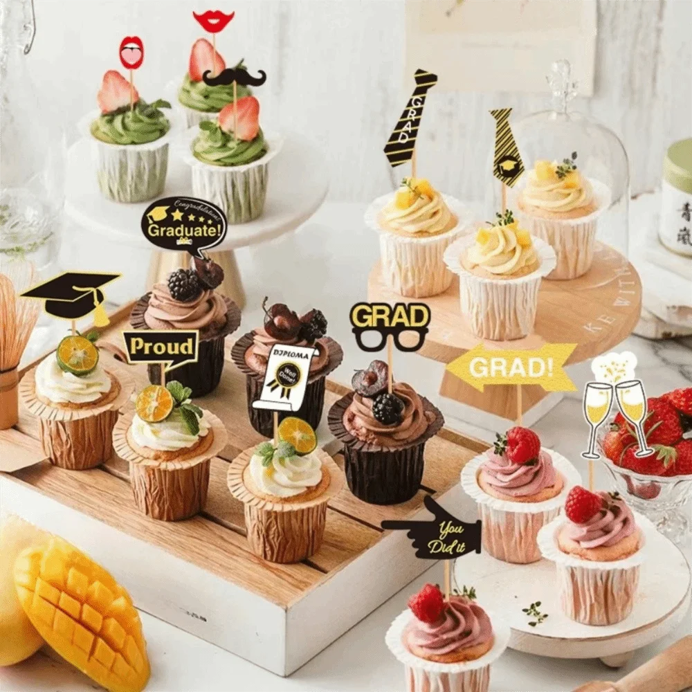 25pcs Black Golden Graduation Photo Props Congratulation Class of 2026 Happy Graduation Decor Bachelor Cap Mustache Lips