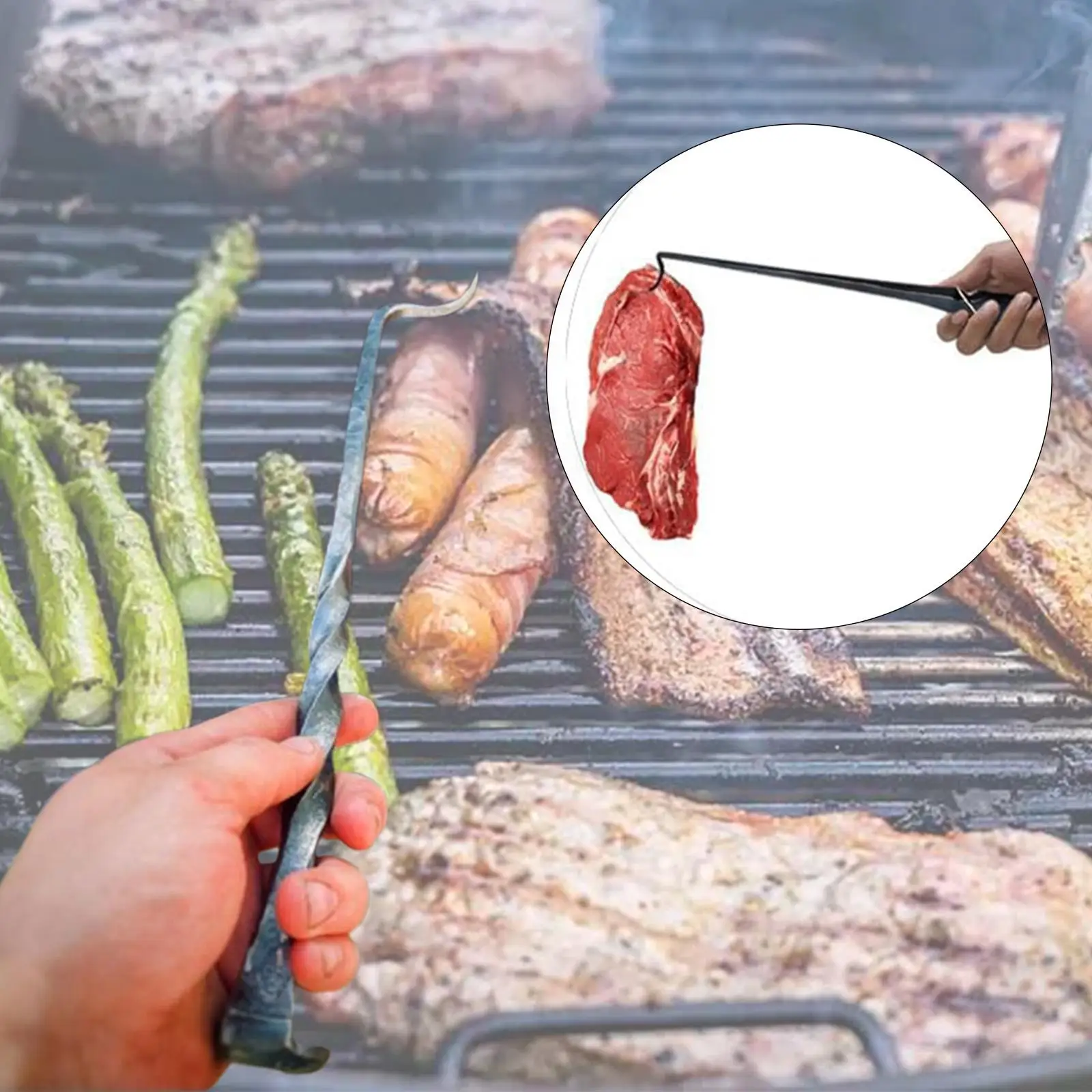 BBQ Steak Grill Hook Wooden Handle Grill Accessories Meat Turner Hook Meat for Meats Sausages Steak Vegetables Turning