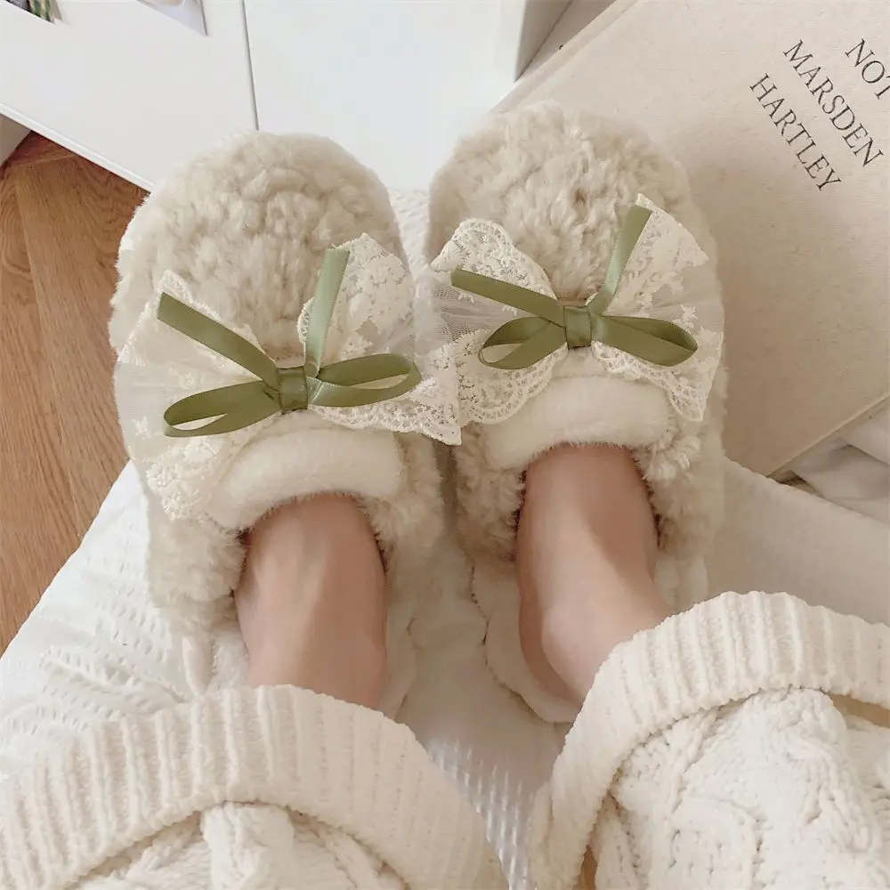 Winter Warm Fur Slippers for Women Cute Bow House Non Slip Soft Shoes Comfort Flat Heel Home Indoor Bedroom Plush Cotton Slides 5