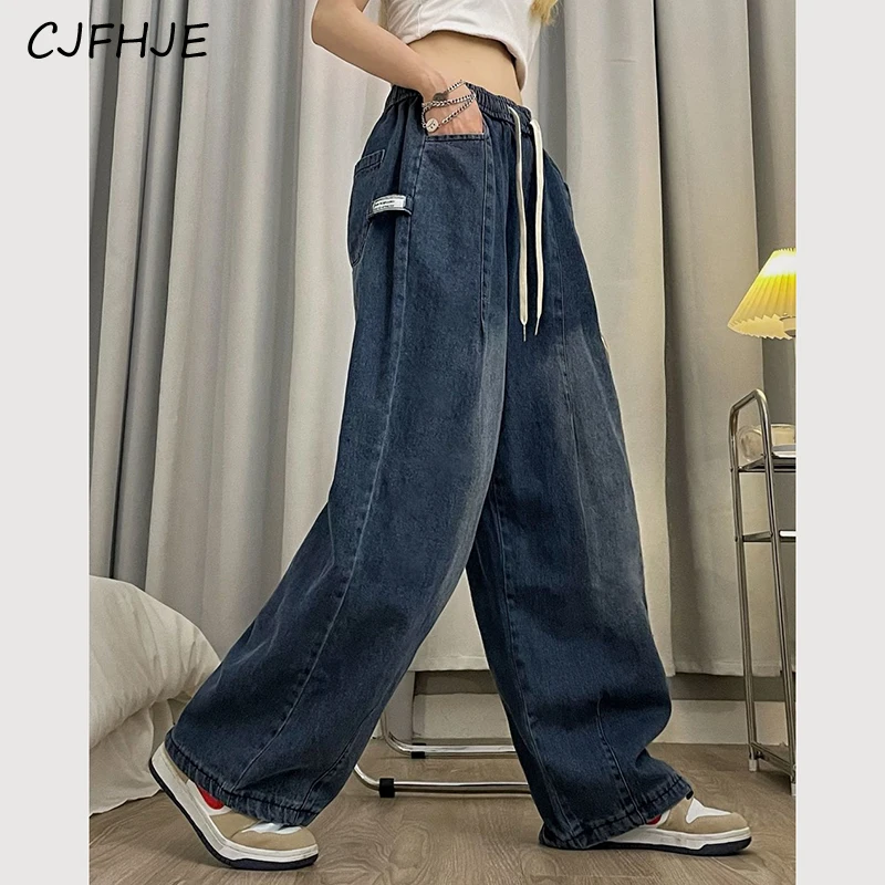 CJFHJE Vintage Drawstring Cargo Jeans Women Fashion Loose Denim Wide Leg Pants High Waist All Match Trousers Female Streetwear