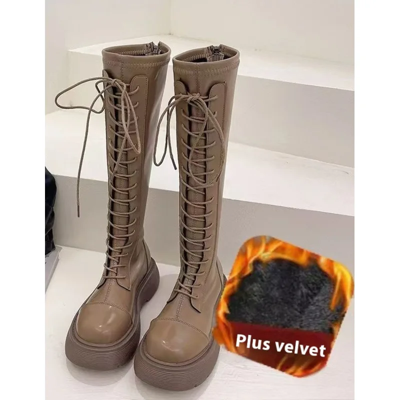 Lange Damenstiefel Herbst und Winter 2023, Neuware, weiß, dicke Sohle, lang, mit Samtschnürung, hohe Spitze, Martin-Stiefel_voghion.com