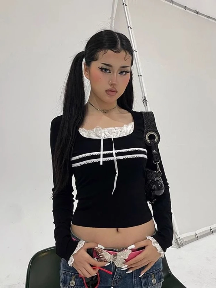 

HOUZHOU Y2k Contrast Color Patchwork Top Square Collar Long Sleeve T-shirts Coquette Aesthetic Tops Fall Cute Knitted Tees New