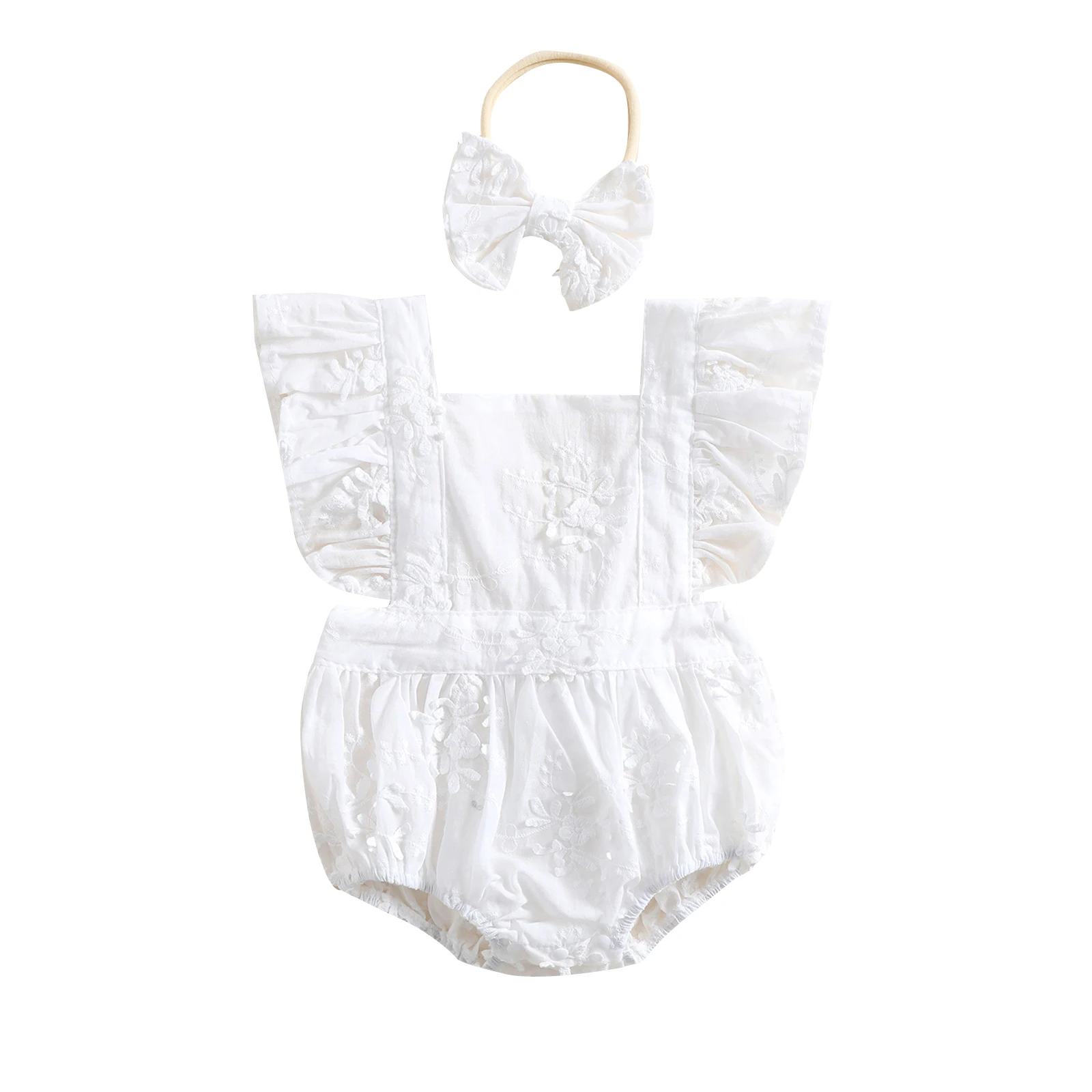 2Pcs Summer Baby Girl Rompers Newborn Baby Clothes Toddler Ruffle Lace Floral printed Jumpsuit With Headband coloured baby bodysuits Baby Rompers