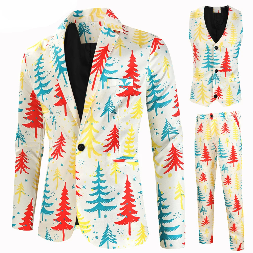 thumbnail image 1 of Trajes de Navidad para hombres, uniforme de 3 piezas, trajes diarios, copo de nieve, muñeco de nieve, árbol, chaqueta con estampado, chaqueta, pantalones, chalecos, conjunto masculino para Navidad, 1 of 4