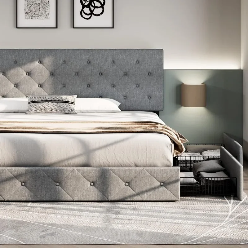 Description Picture 4 of itemUpholstered King Size Platform Bed Frame with 4 Storage Drawers and Headboard Diamond Stitched Button Tufted No Box Needed Grey