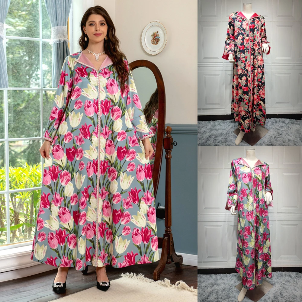 

Dubai Abaya Luxury For Muslim Womens 2023 Spring Fashion Diamonds Floral Print Long Sleeve Dress Ramadan Arabian Clothes Women