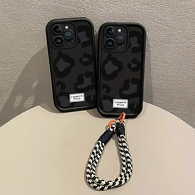 Black Leopard Print Hang Strap Phone Case - Sleek and Stylish Soft Cover