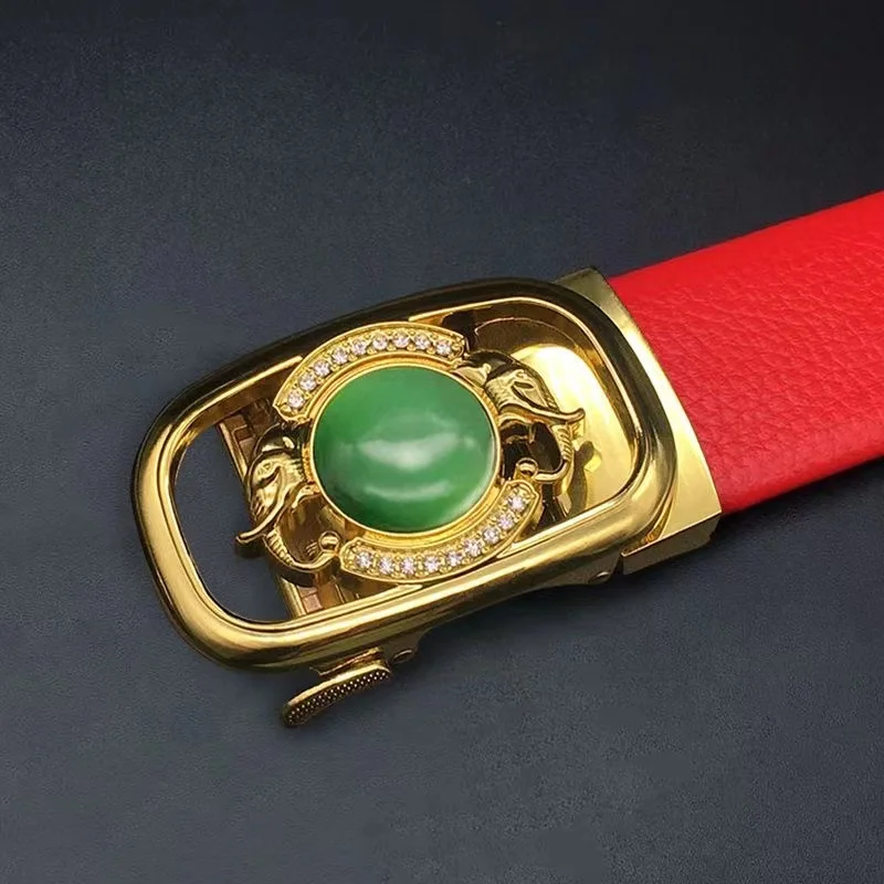 

2023 Men's Luxury Brand Design Red Leather Belt Young and Middle-aged Imitation Hetian Jade Automatic Buckle Belt 110-130CM