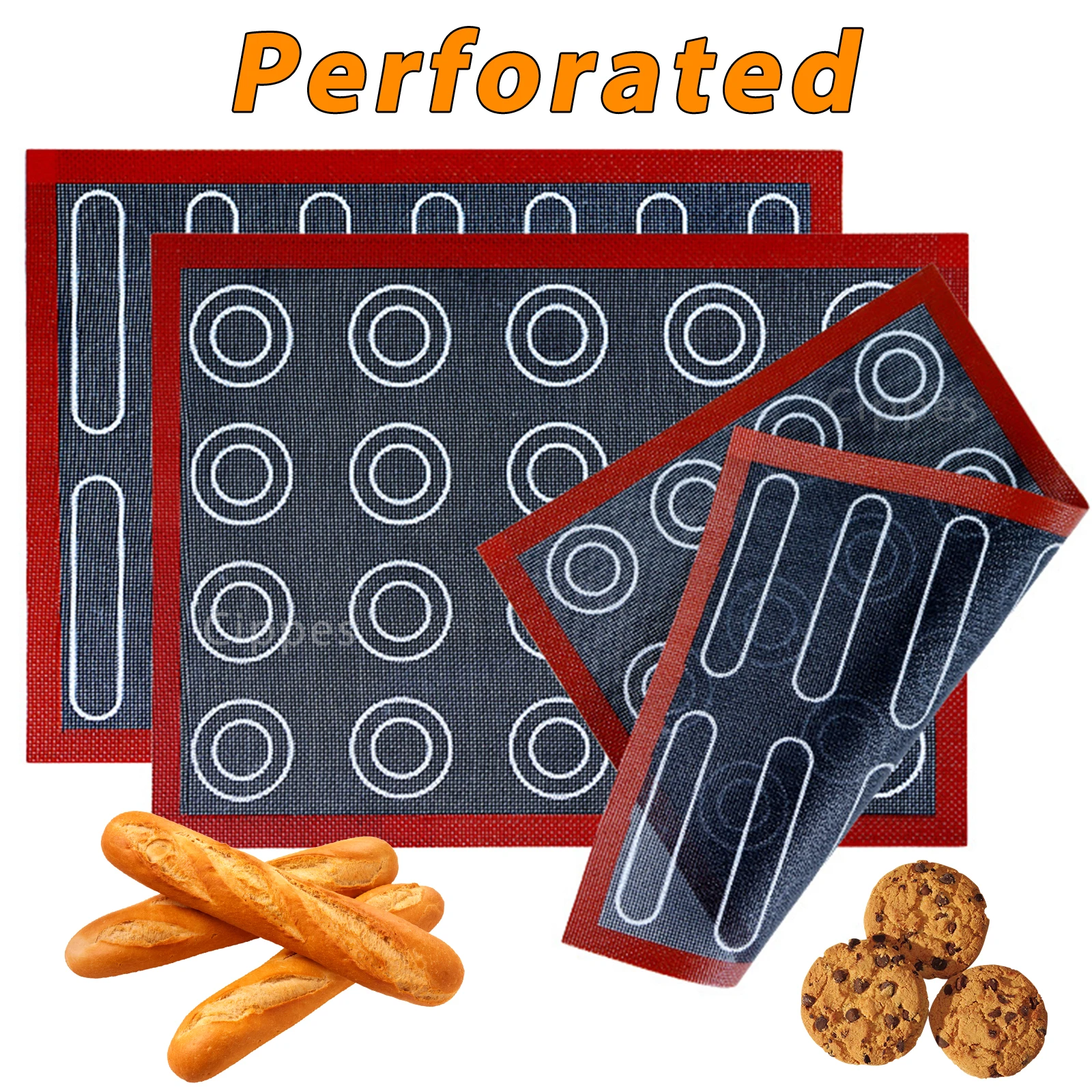 Tapis de cuisson en silicone perforé réutilisable et maille de cuisson à la vapeur, revêtement de four antiadhésif avec motif Eclair et rond pour biscuits