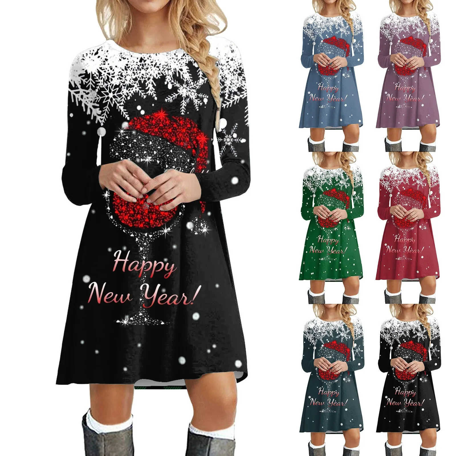 

Women Autumn And Winter Casual Fashion Print Round Neck Long Sleeve Tunic Dress Petite Maxi Dresses for Short Women