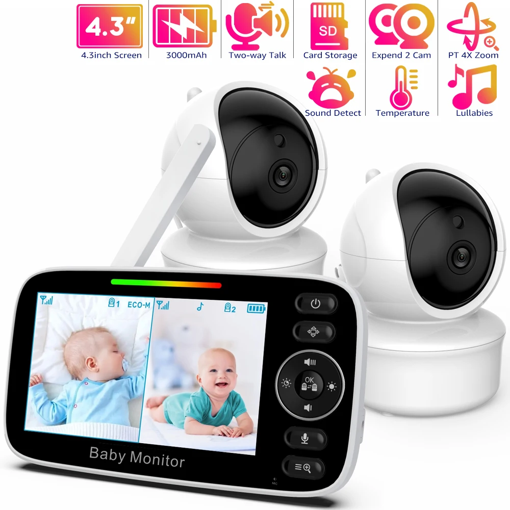 

4.3Inch Video Baby Monitor with 2 Cameras Pan Tilt Zoom,3000mAh Battery Babyphone 2-way Talk Night Vision Video Nanny Babysitter