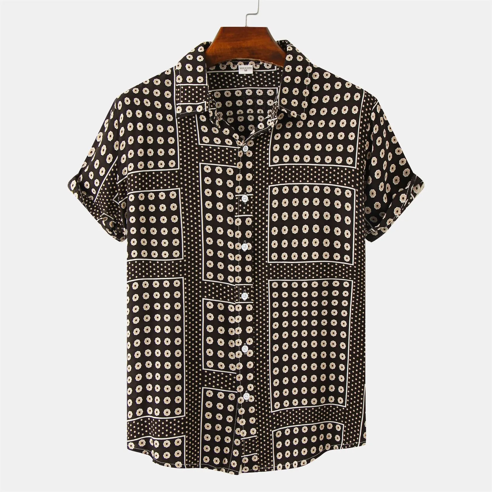 

Casual Men's Loose Lapel Short Sleeve Cuff Button Ethnic Style Shirt Sand Beach Summer Top Retro Streetwear Ethnic