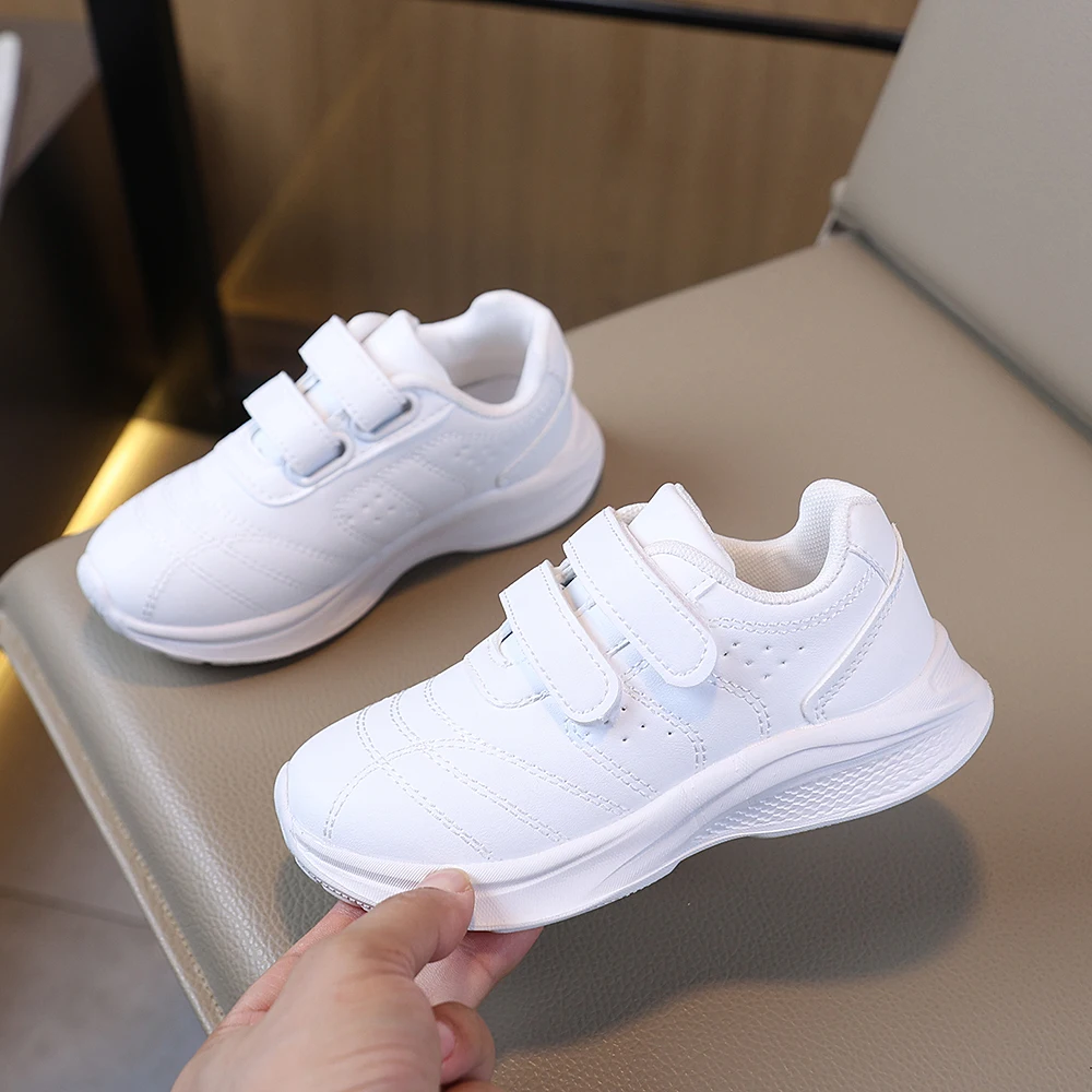 COMFY KIDS 남아 여아 흰색 가죽 후크앤루프 스쿨 스니커즈, 부드러운 쿠션 논슬립 방수 캐주얼 러닝화, 모든 사이즈