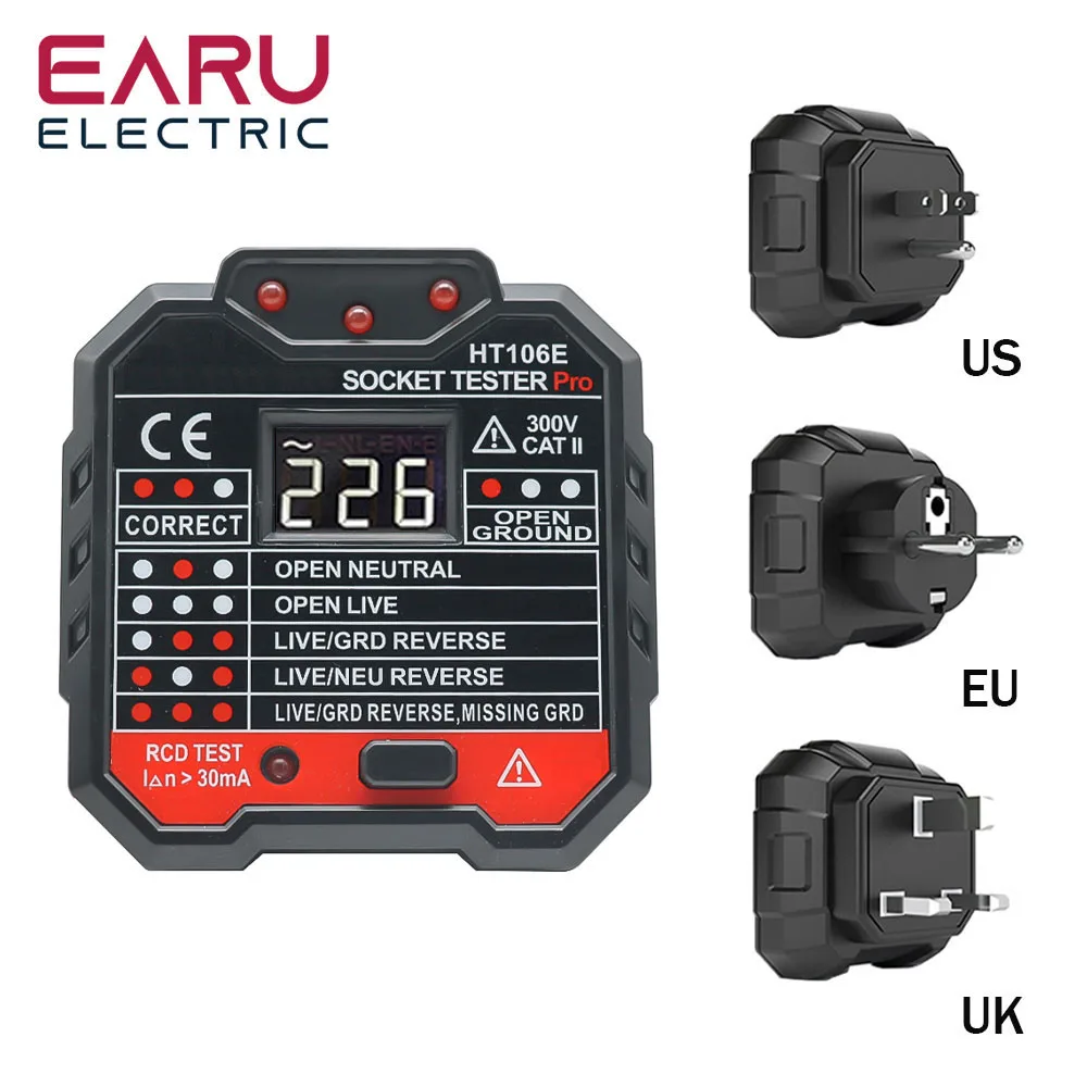 

EU UK US HT106B HT106D HT106E Socket Tester Voltage Test Socket Detector EU UK Plug Ground Zero Line Plug Polarity Phase Check