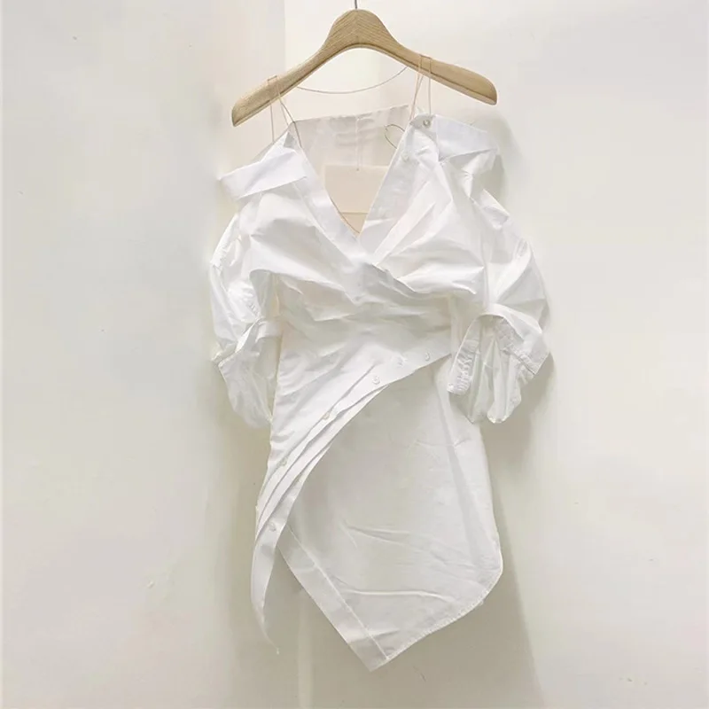 

2023 New stitching lace off-the-shoulder sexy irregular skirt pleated dress female