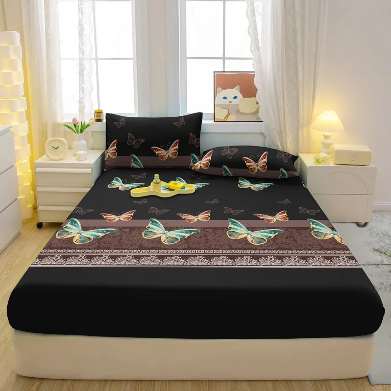 1 Simple Modern Butterfly Printed Matte Fitted Sheet, Bedroom Printed Bed Cover, Bedding (Excluding Pillowcases) 3