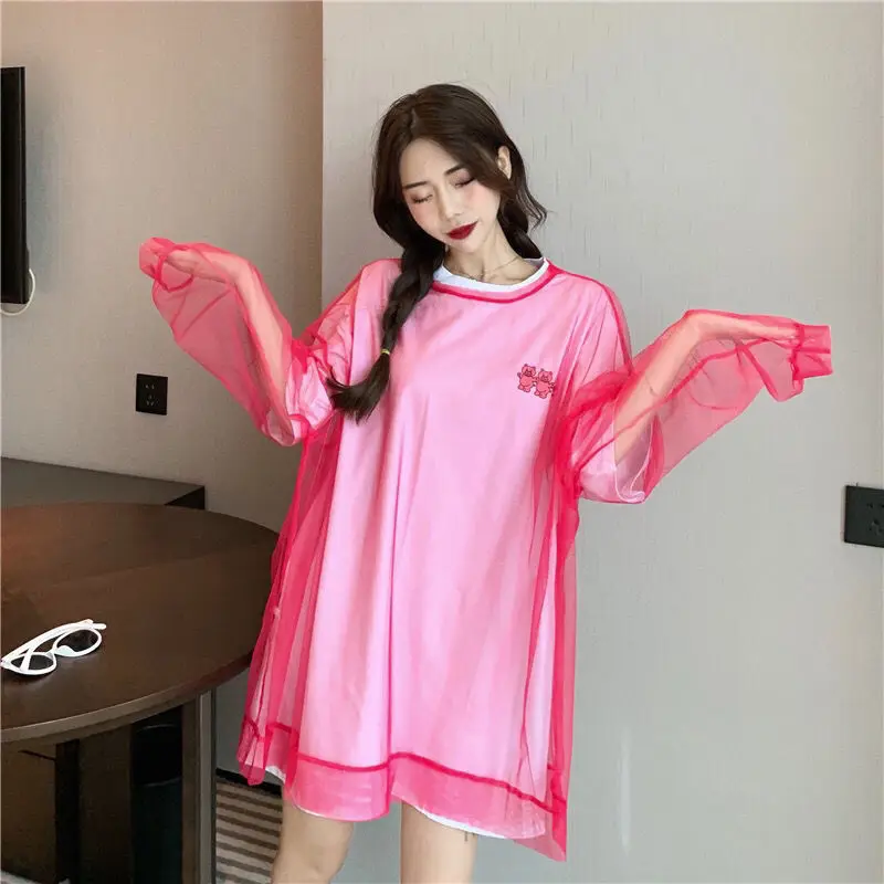 long beach dresses Tunics Mid-length Mesh Thin Sun Protection Summer Clothing for Women Breathable Loose Casual Beach Cover Up Sexy See-through Top Beach Robe Cover Up