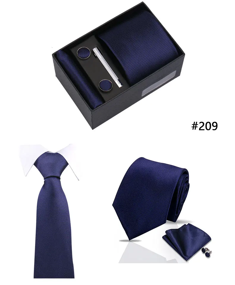 Top Quality Tie Set Gift Box Necktie Pocket Squares Cufflinks Tie-Clip Set With Black Box Men Birthday Gift Gravatas Accessories