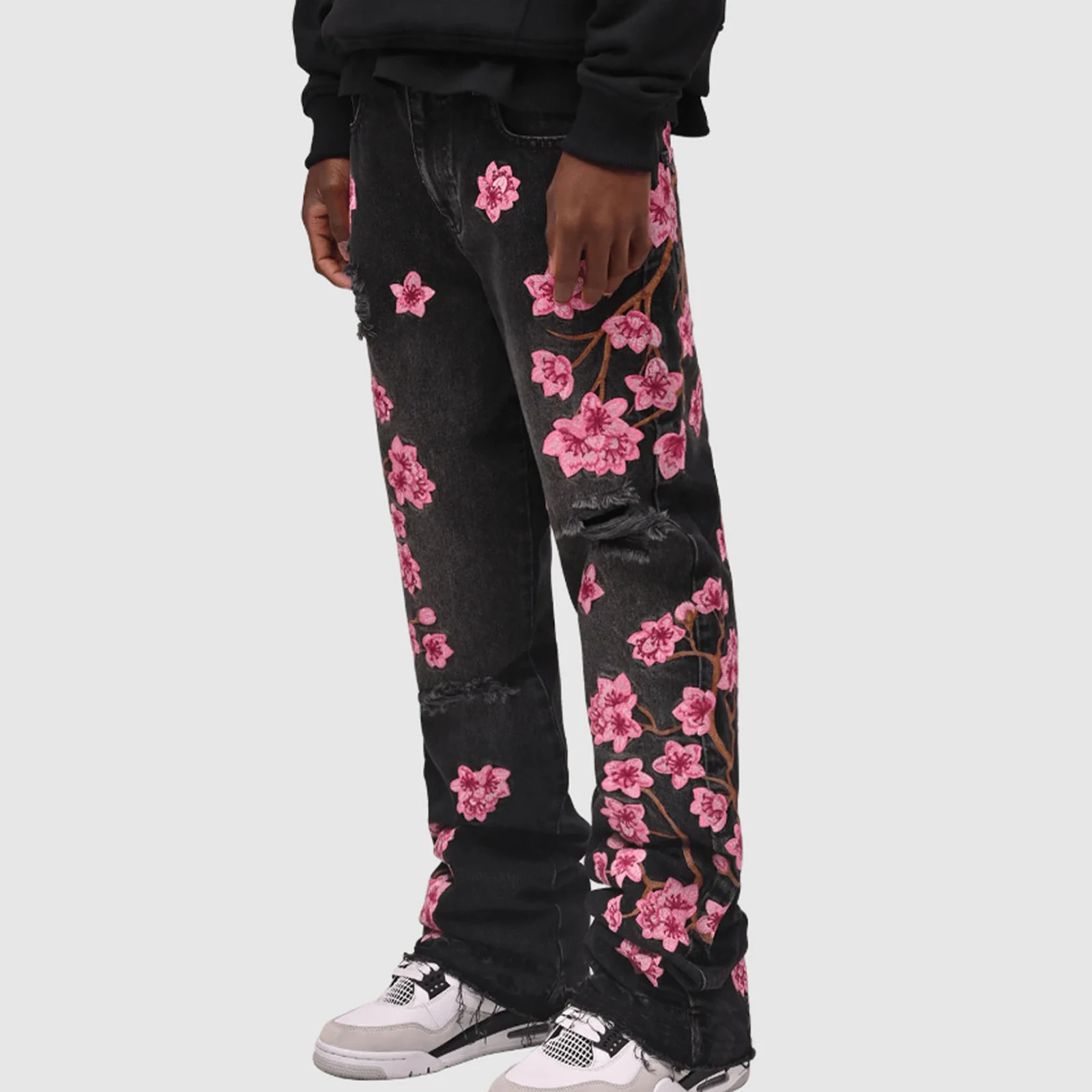 Men Jeans Denim Trousers Floral Embroidery Ripped Pockets Casual Vintage Streetwear