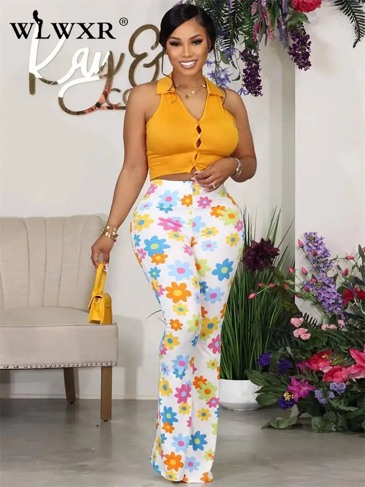 

WLWXR Plaid Skinny High Waist Flare Pants Summer Outfits For Women 2023 Streetwear Flower Printing White Casual Strecth Pants