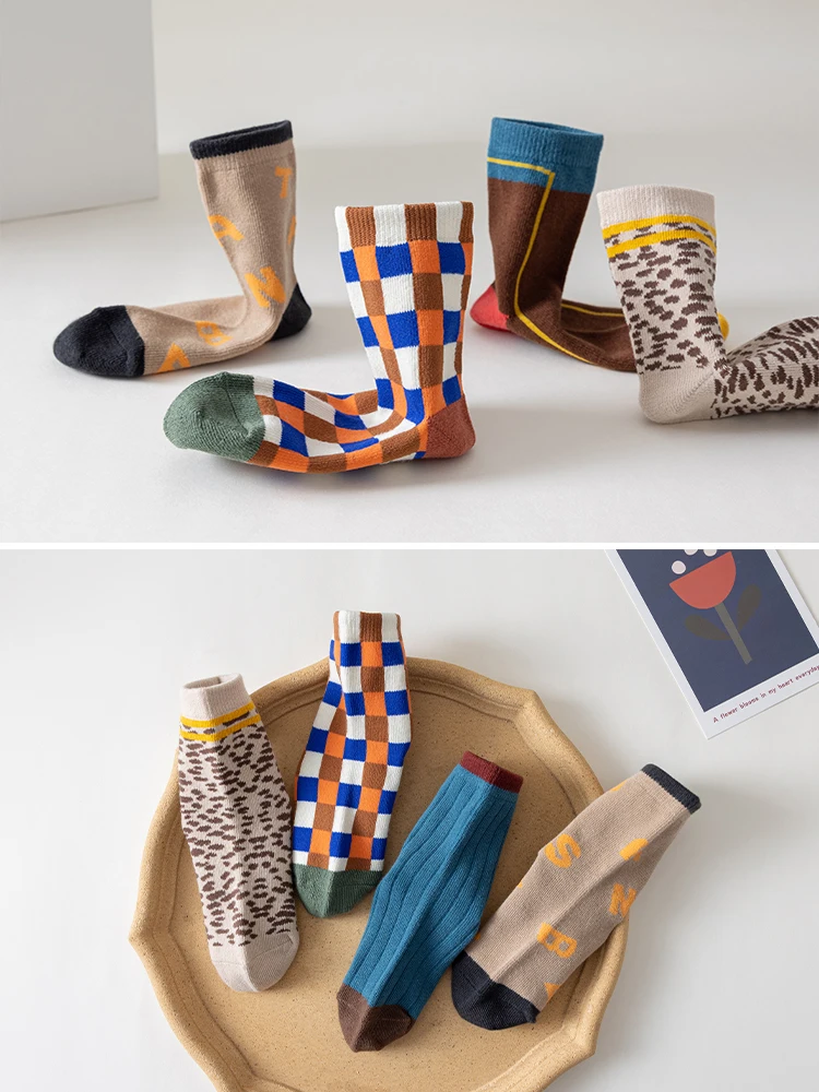 LJMOFA 5 Pairs Cotton Kids Socks Warm Winter Socks Baby Girls Boys Retro Tartan Leopard Pattern Fashion Toddler C161