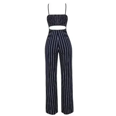 Summer European and American Large Size Women's Sexy Nightclub Stripe Sling Wide Leg Jumpsuit 4