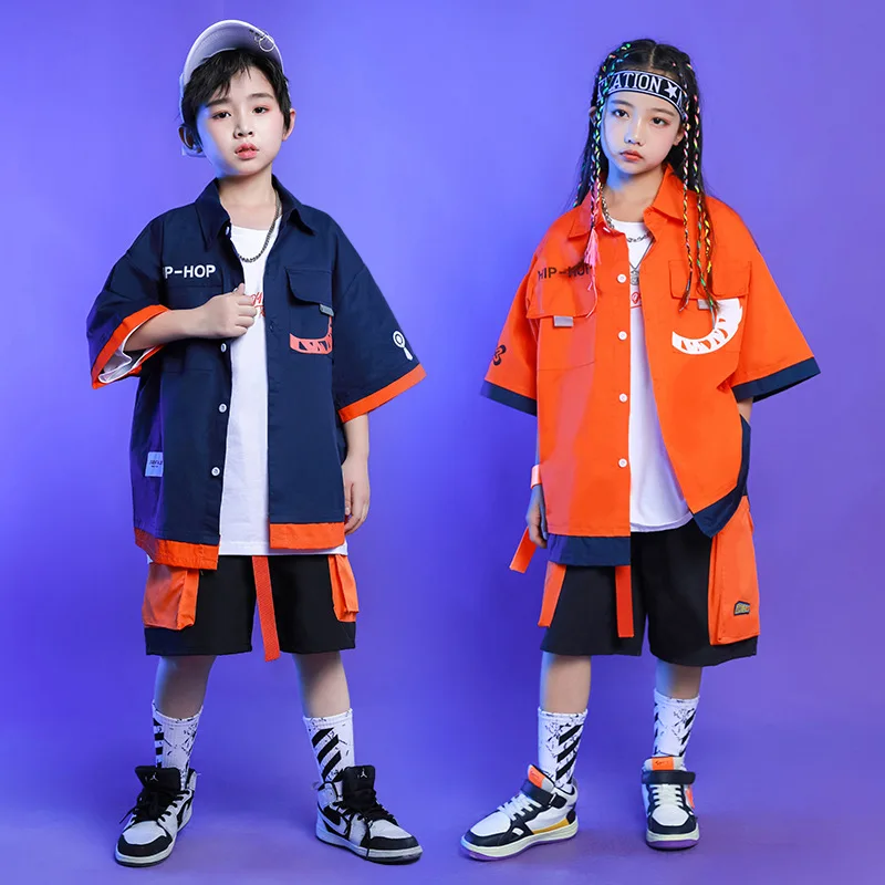 

New Summer Kids Kpop Hip Hop Clothing Casual Fashion Shirt Shorts 2pcs Set Teenagers Jazz Dance Stage Costume 4-16Y