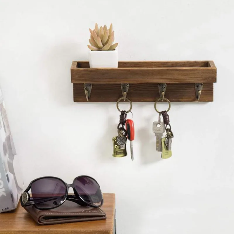 Retro Wooden Storage Rack Wall Shelf Hook Porch Key Holder Living Room Organizers Storage Home