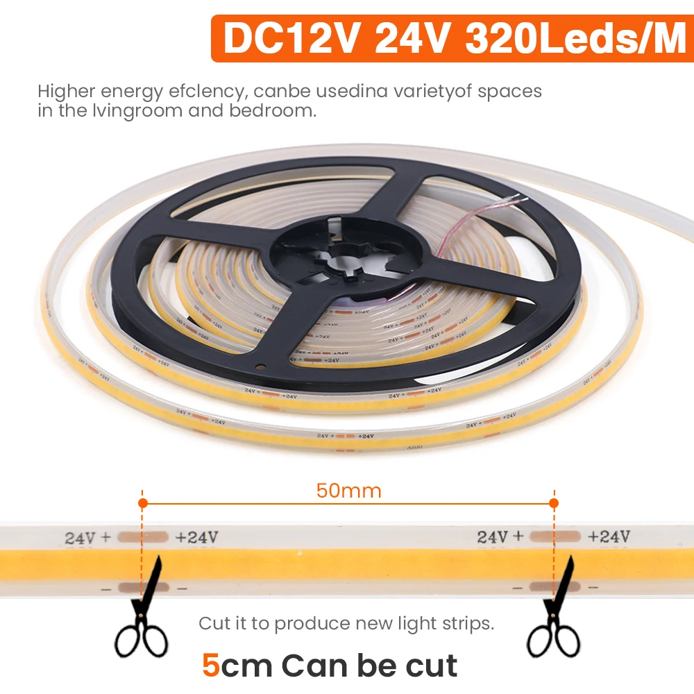 IP68 Waterproof COB Strip 12V 24V 320Leds/M RA90 3000K 4000K 6000K Home Garden Decor Flexible Ribbon Rope LED Light 1M 10M 20M 5