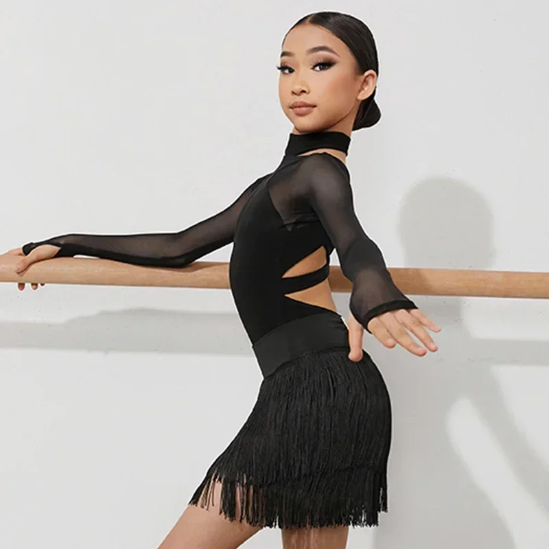 Latin Dance Clothing Jumpsuit Girls Long Sleeves Leotard Latin Tops Ballroom Dance Performance Wear Cha Cha Bodysuit Child dance dress