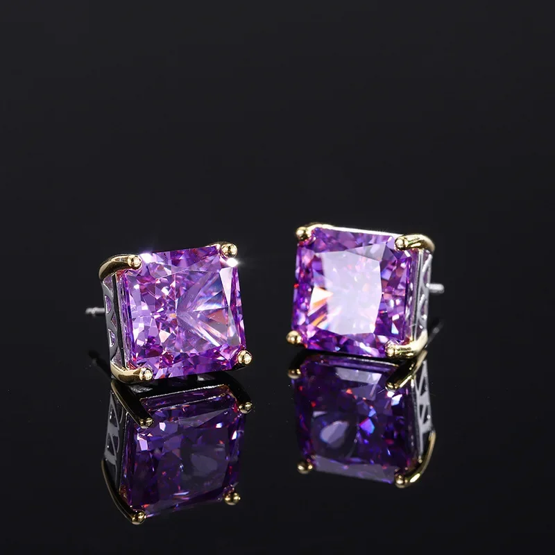 

New fashion S925 silver inlaid 5A zircon ladies temperament personality square gemstone earrings