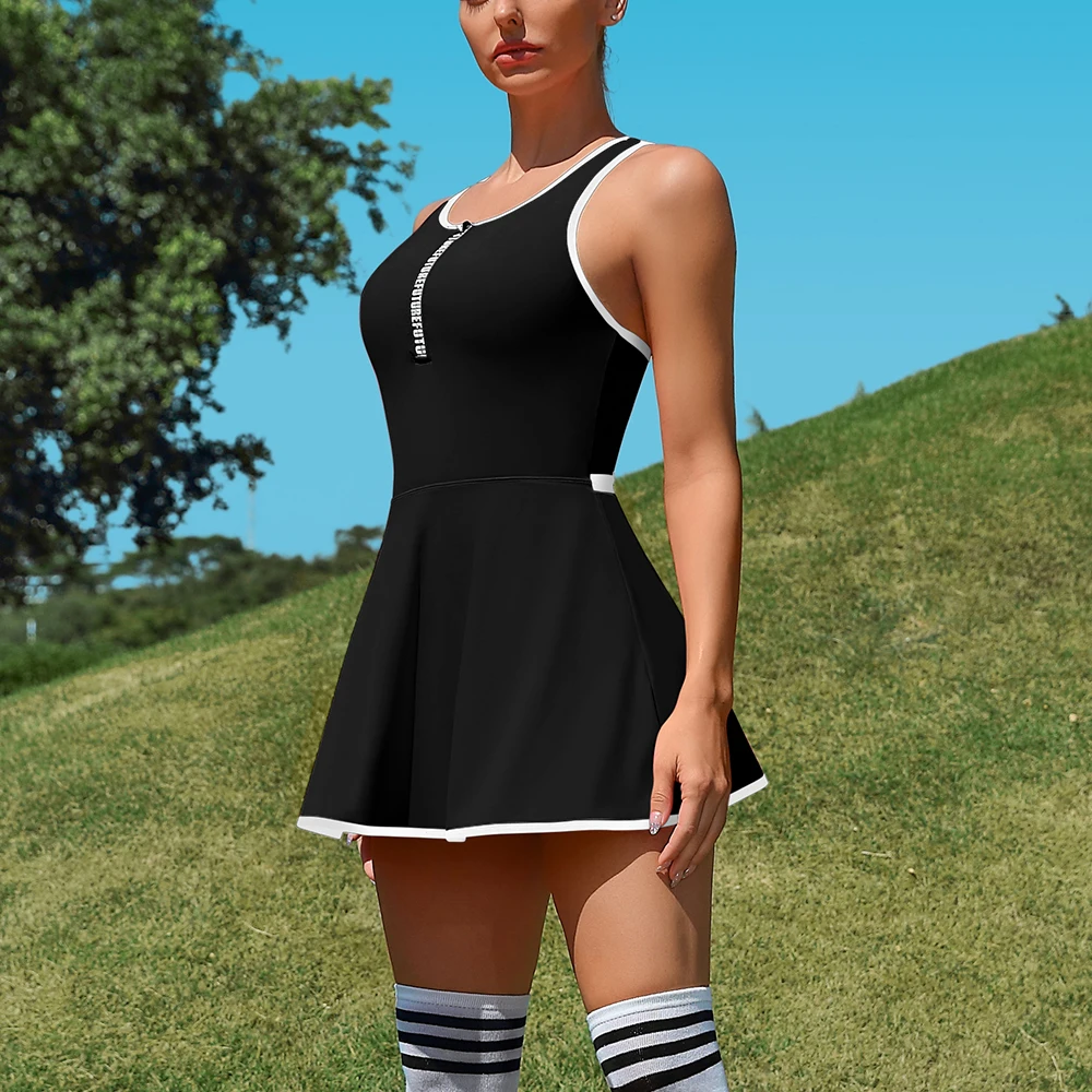 Anfilia Women One-Piece Tennis Dress U Neck Sleeveless Built In Bras High Elastic Racerback Hollow Out Waist With Inner Pockets