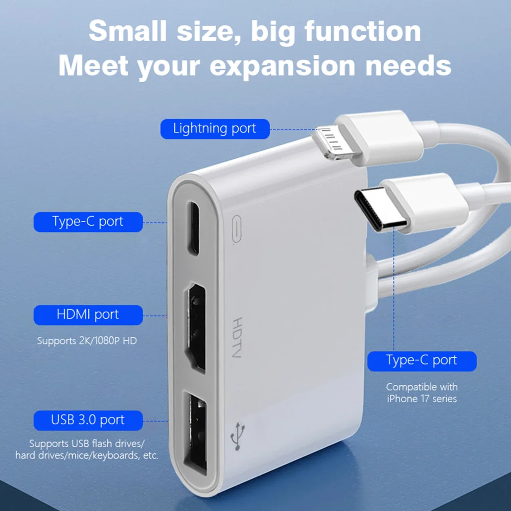 Otg Adapter Usb To Type C Adapter Lightning To Hdmi Adapter USBC/Lightning to HDMI Digital AV Adapter HD Sync Screen Connector Cable with USB Camera OTG Adapter For iPhone 17 16 15 14