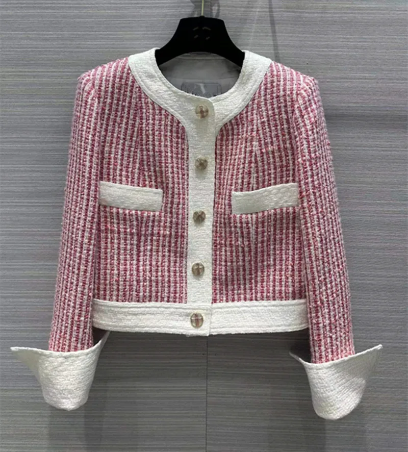 

European and American women's dress 2023 summer new style Crew neck long sleeve single breasted fashion Pink tweed jacket