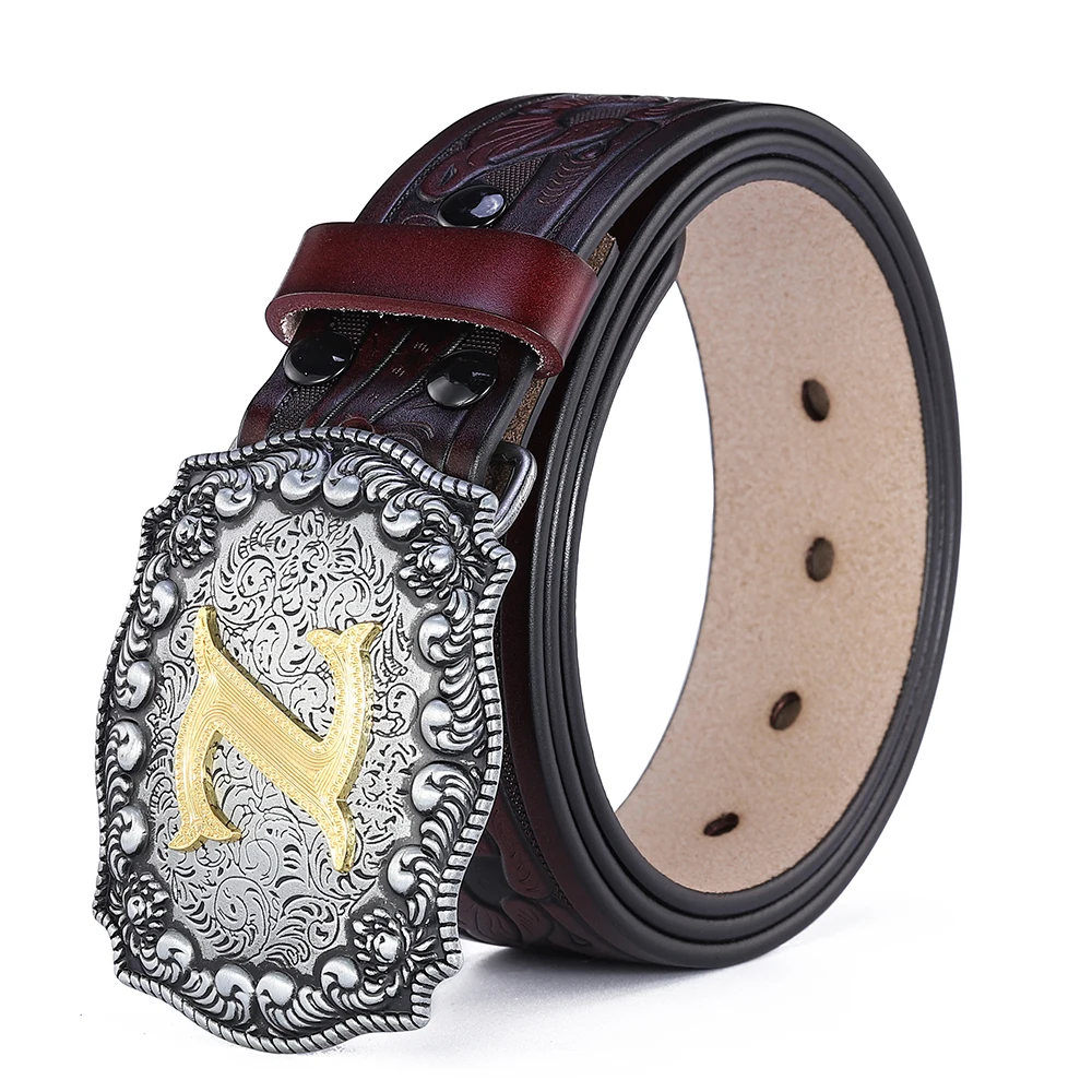 Western Belt Men Genuine Leather Belts for Men Women Cowboy Cowgirl Big Letters Buckle Gold Male Belts Long Black Brown Quality