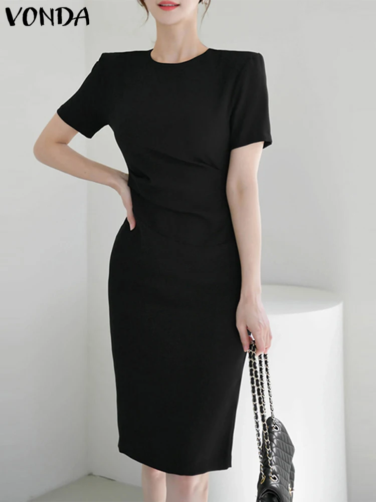 

Элегантное летнее платье VONDA для вечеринки 2024, женское повседневное свободное однотонное плиссированное платье средней длины с коротким рукавом