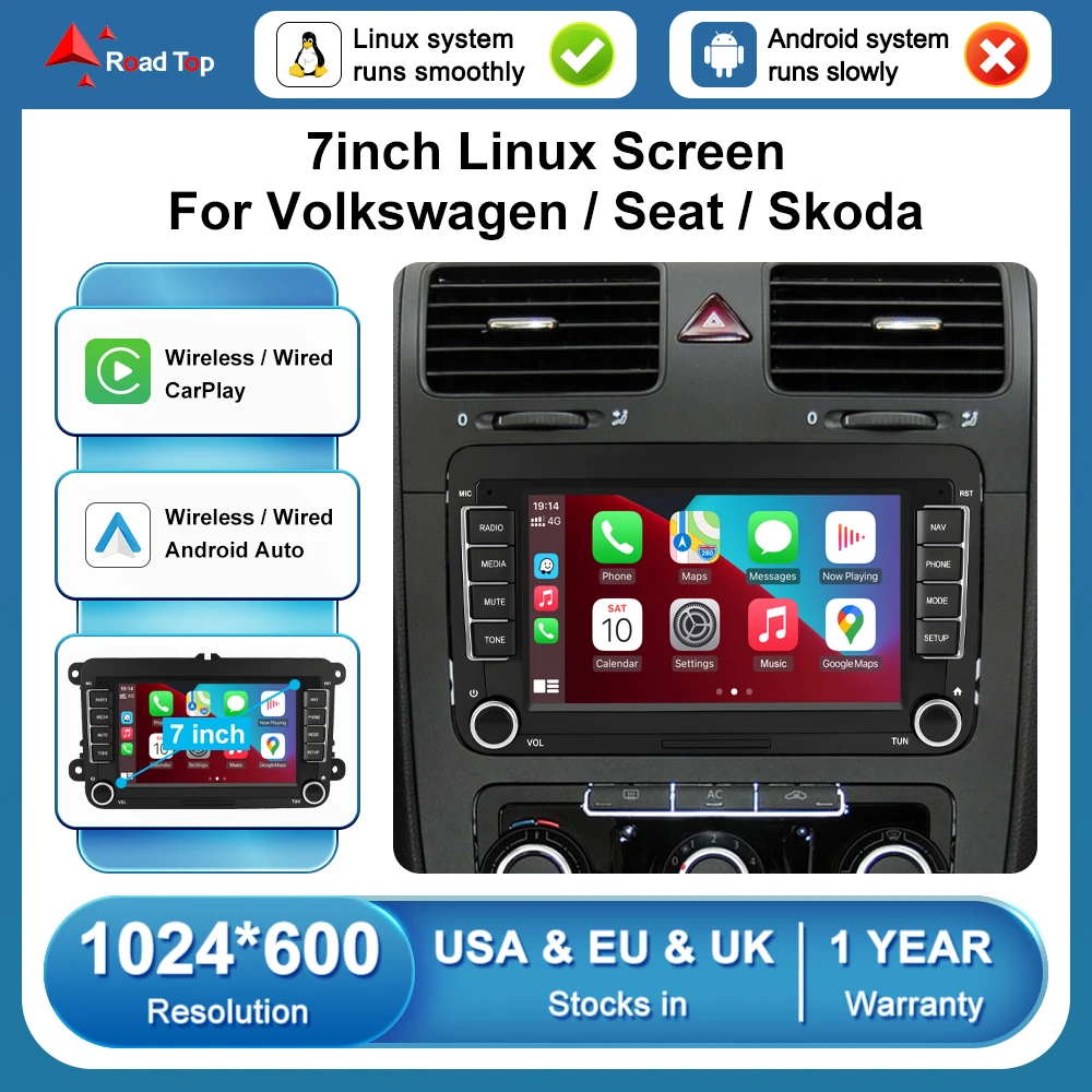 Pantalla Multimedia de Radio para coche con pantalla Linux de 7 "para Volkswagen/Seat/Skoda/Passat/Golf con funciones inalámbricas Carplay Android Auto 1