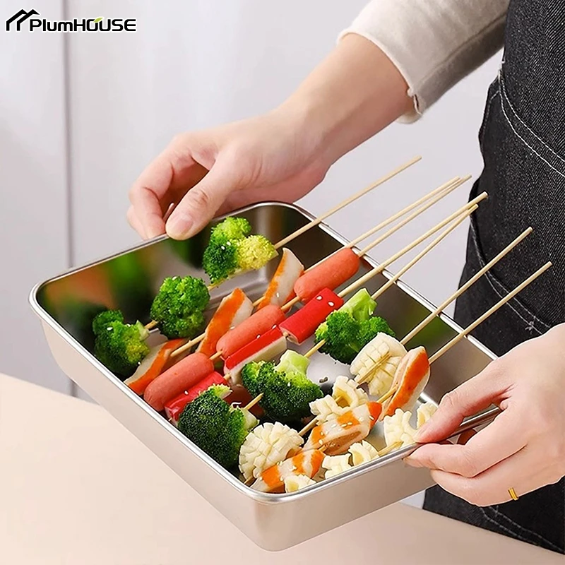 Stainless Steel Square Plate With Lid Rectangular Food Storage Pan Commercial Dish Tray Large Refreshing Lunch Box Container storage box storage tray kitchen tray